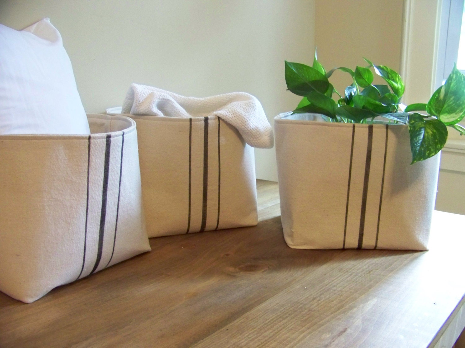 grainsack basket - black stripe - vintage style - canvas - storage - organization - gift basket