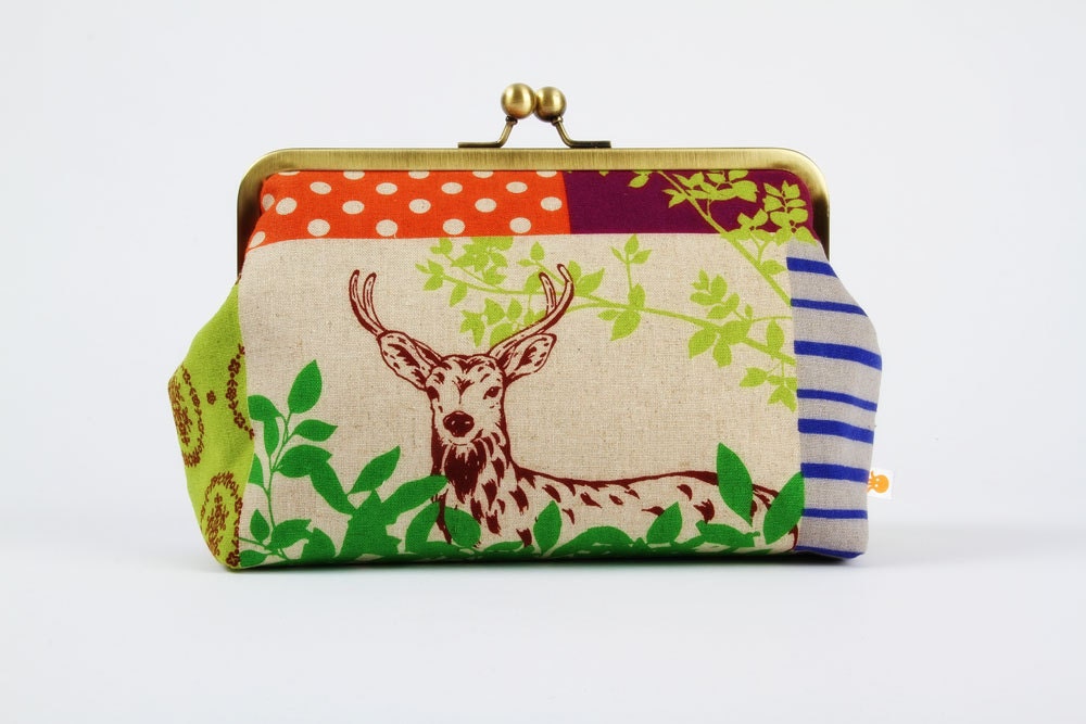 Cosmetic pouch - Echino forest patchwork in bright - metal frame clutch bag