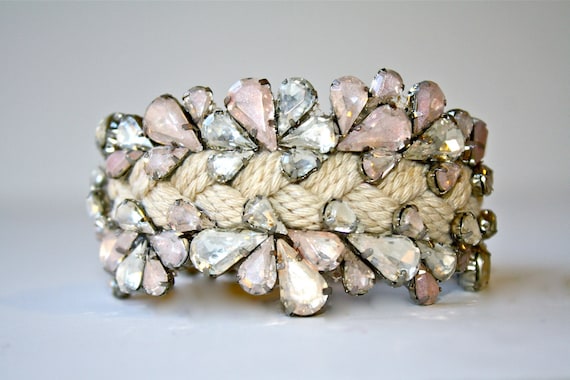 Crystal Sailors Rope Cuff - Natural with Blush Tones (and vintage fisherman's buckle closure)