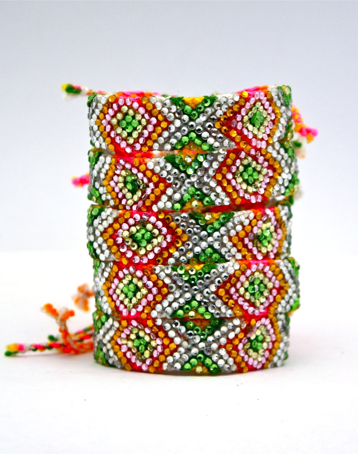 The Original Swarovski Crystal Friendship Bracelet- Freesia Design (Green, Orange, Yellow & Silver)