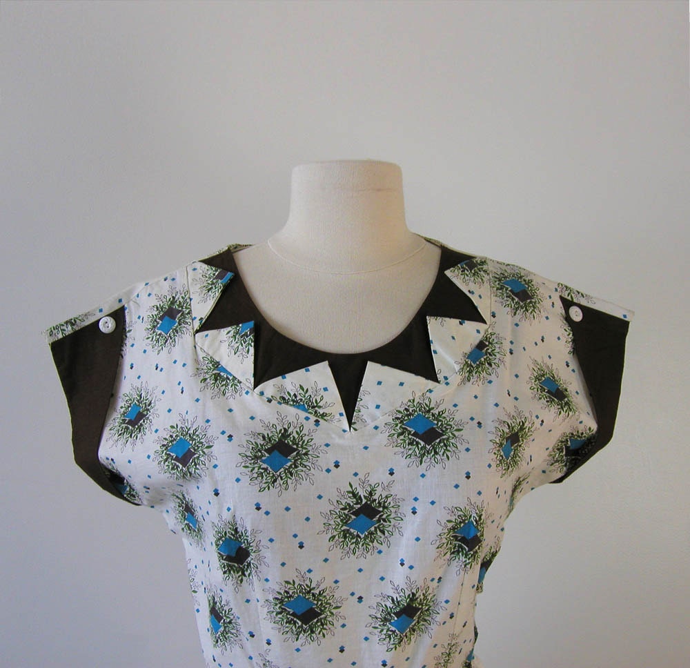 Atomic 40s Dress Early 50s Dress Geometric Novelty Print 1940s 1950s Dress