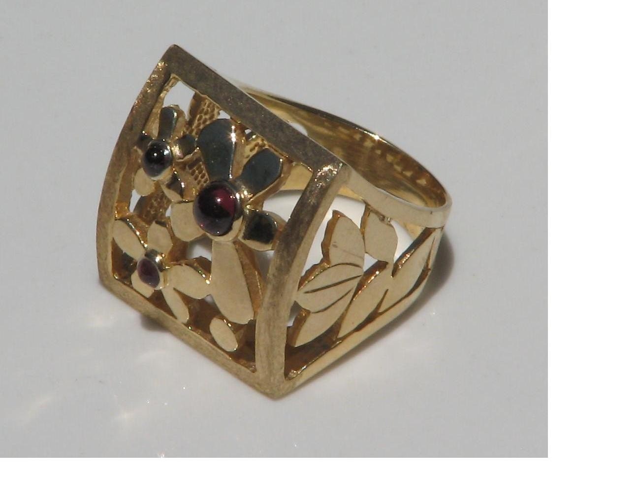 Big Garnet flowers ring, 14k gold coating on 925 Sterling Silver