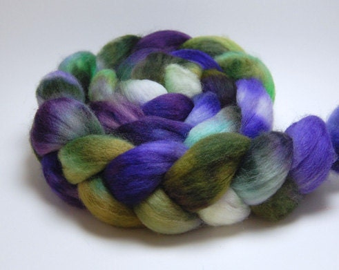 Vineyard - 4 oz Purple Green White Handpainted Falkland Wool Top Roving