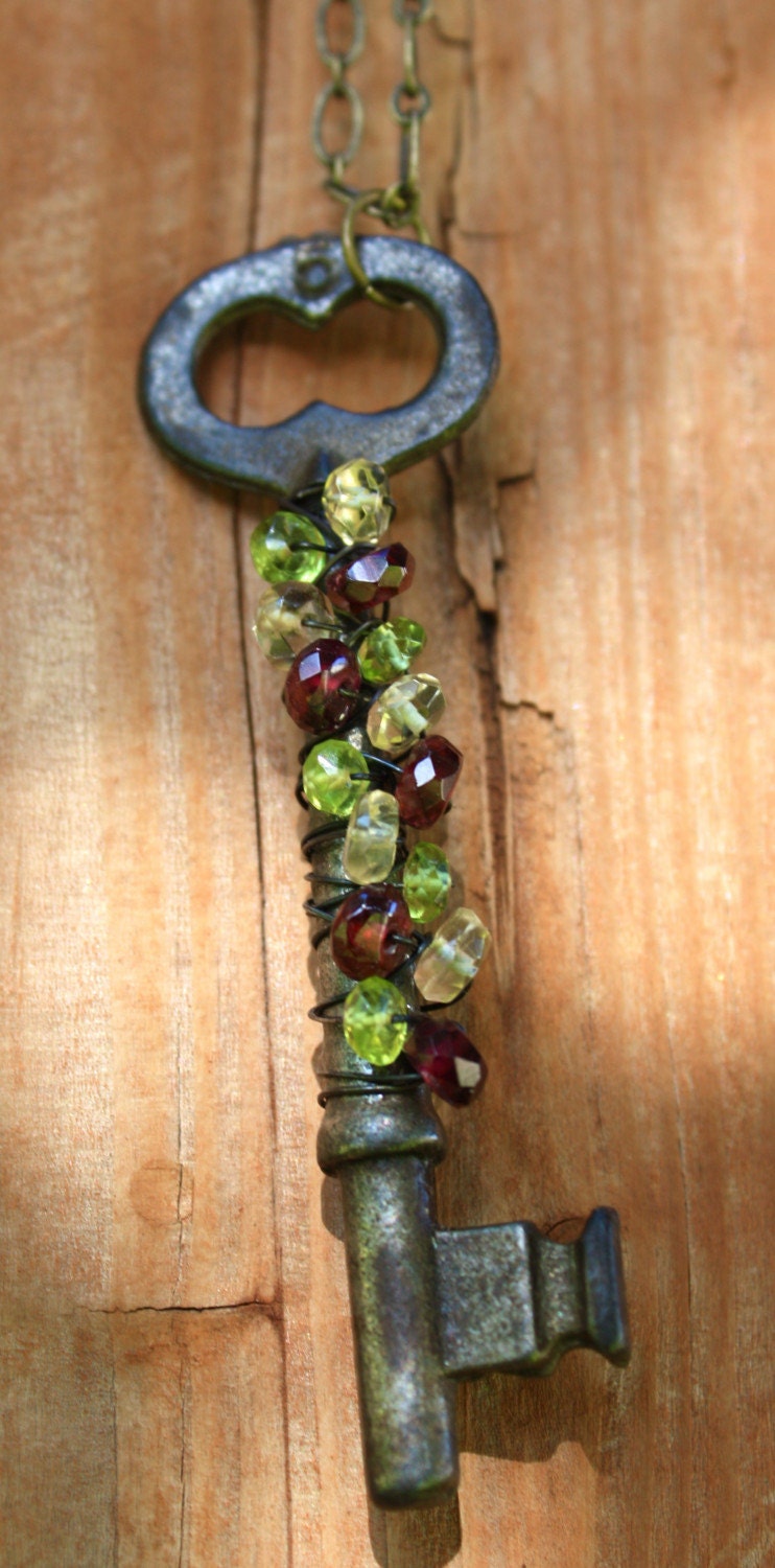 Antique Gemstone Wrapped Skeleton Key Necklaces - 1 available
