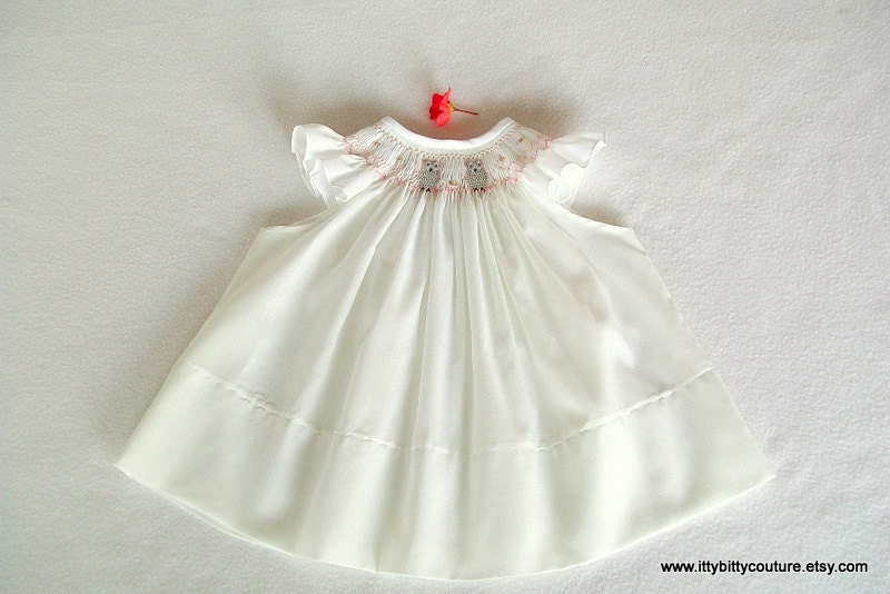 smocked baby infant toddler handmade white dress gray owls Sizes Newborn - 2 years