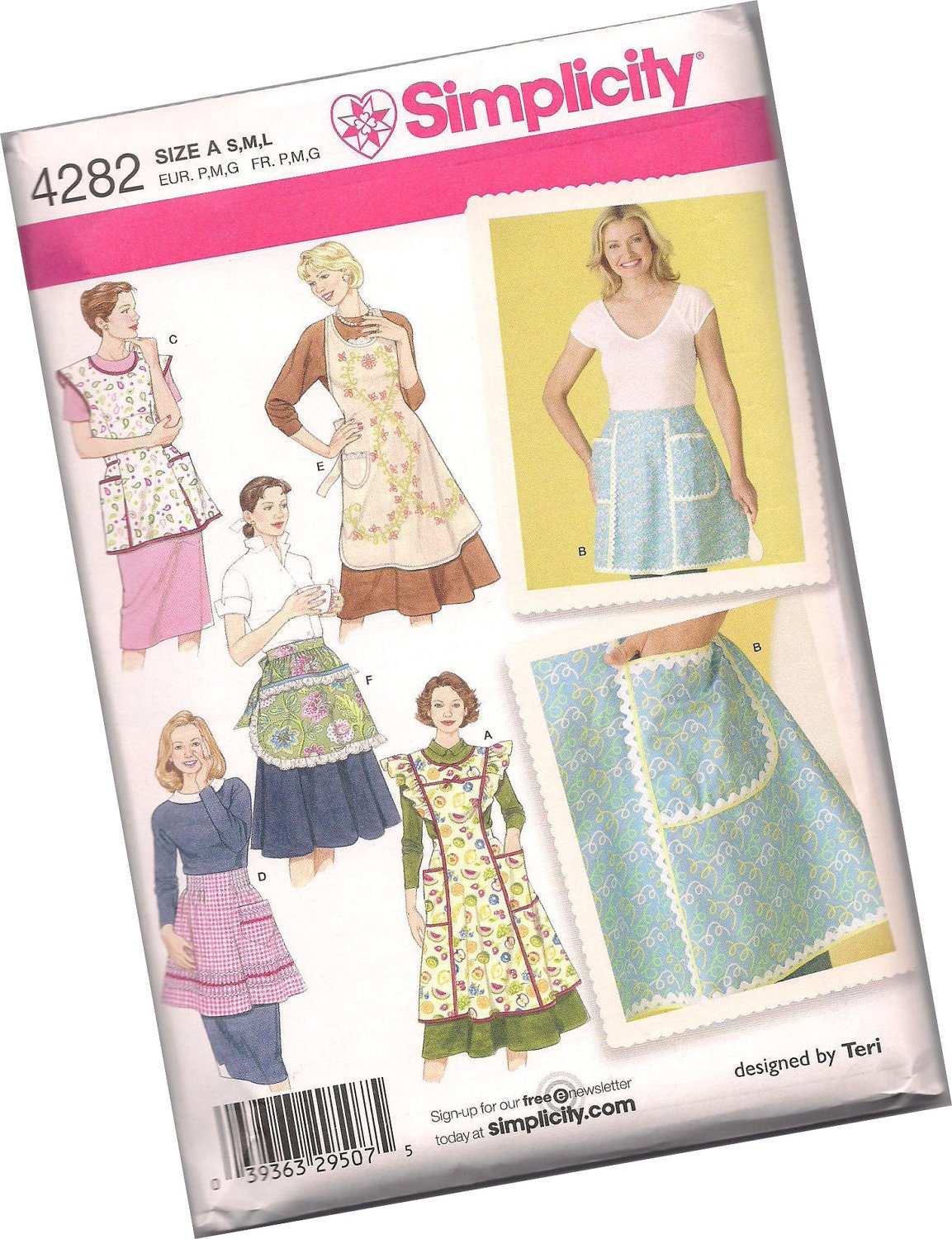 SIMPLICITY PATTERN 4282, vintage-inspired apron patterns, sizes small medium and large, new and uncut