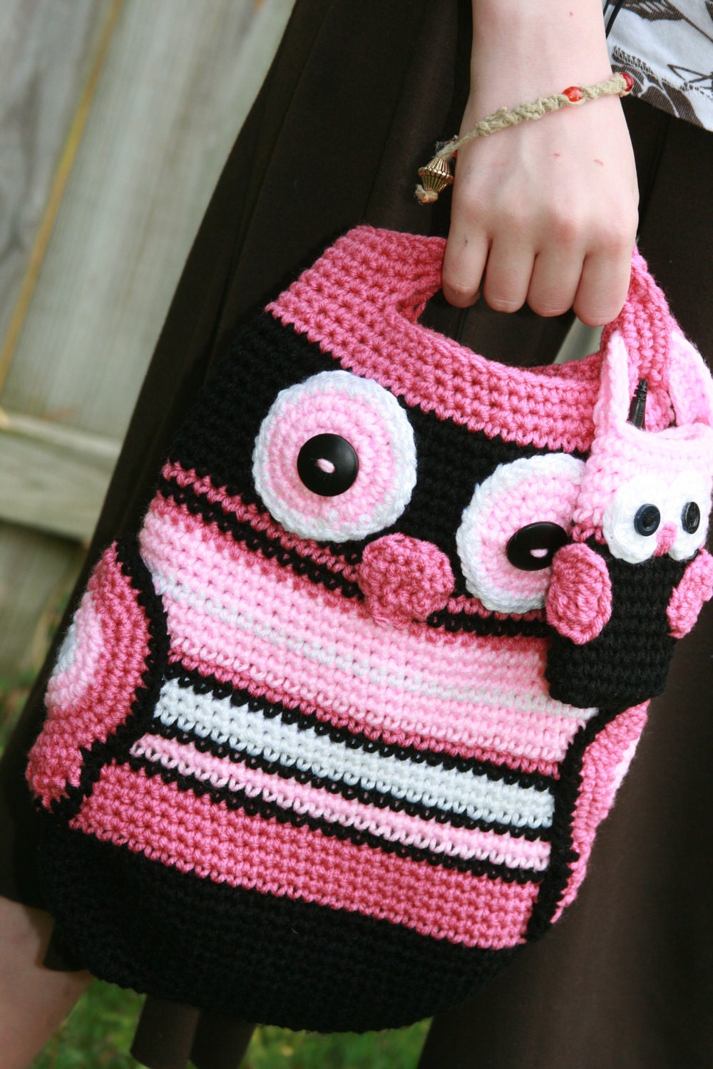 Owl tote crochet in black, white, mauve and pink with wings for pockets and button eyes Custom order Mothers Day gift Graduation
