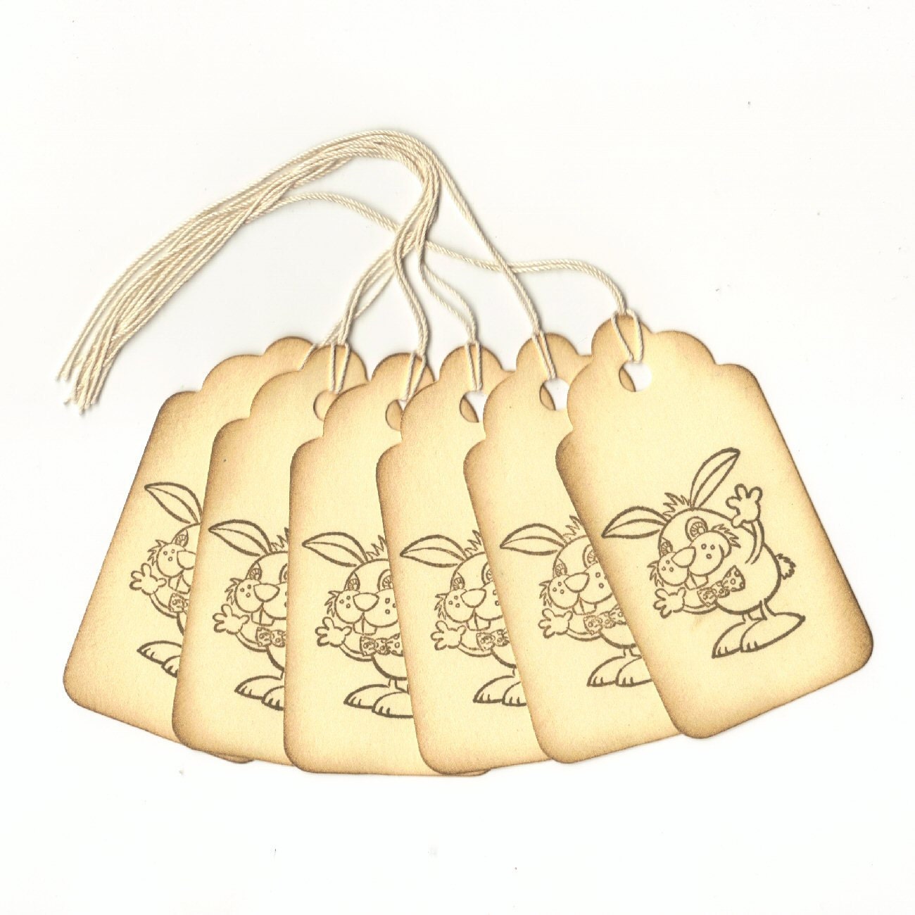 Funny Bunny Vintage Look Hand Stamped Large Scallop Die Cut Hang Tags (Set of 6) Favor Tags