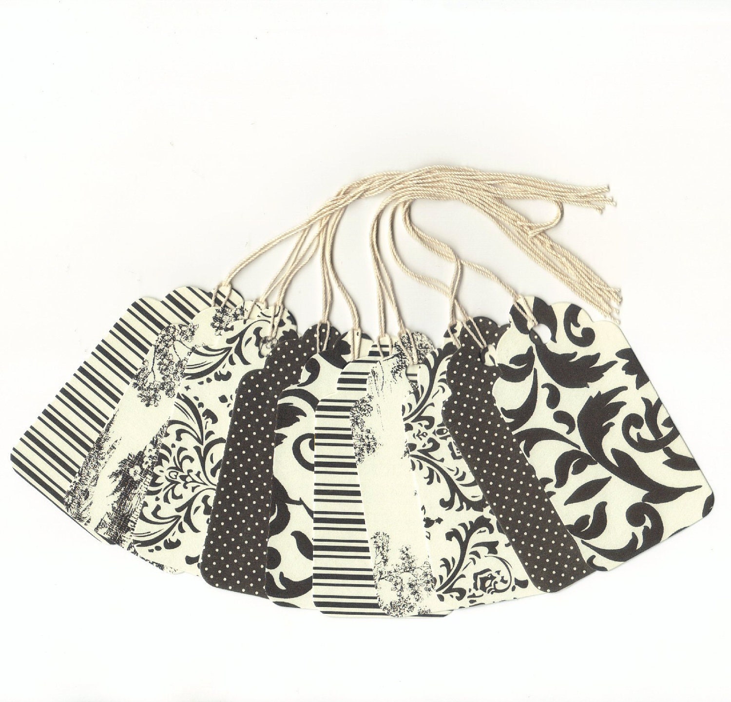 CLEARANCE SALE 50 Off - Assorted Black and Cream Large Scallop Die Cut Gift Hang Tags (10) C6
