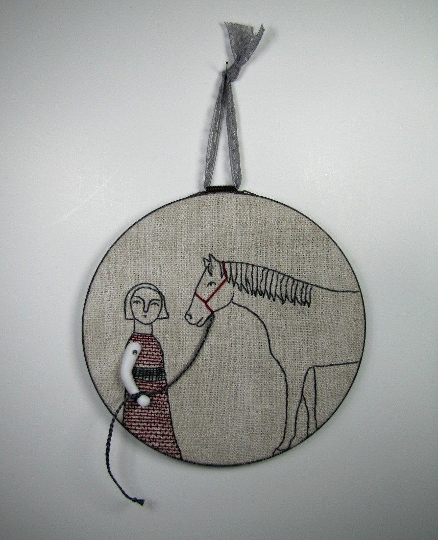 hand embroidery-girl and her horse no. 3 in charcoal gray and deep red