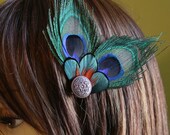 Payton Peacock Feather Hair Fascinator with Vintage Button