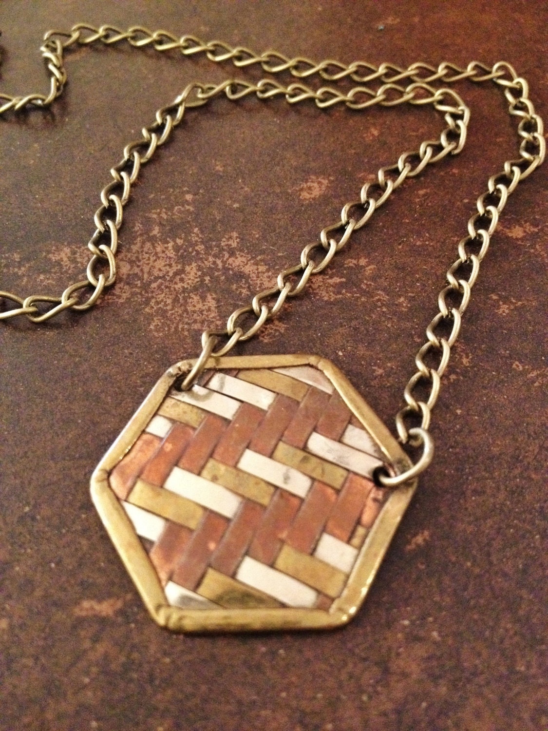 Vintage Chevron Pendant Necklace in Shades of Gold