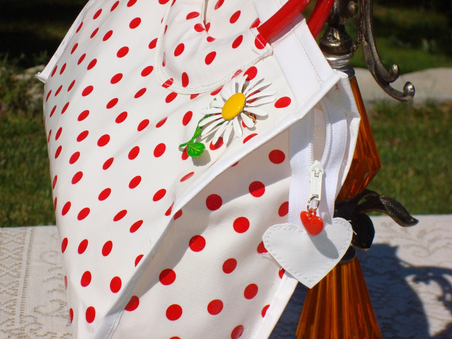 Handmade Retro handbag- Red/white polka dot with vintage flower pin