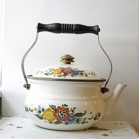 Vintage Enamel Floral Teapot Cream Enamel with by impulseART