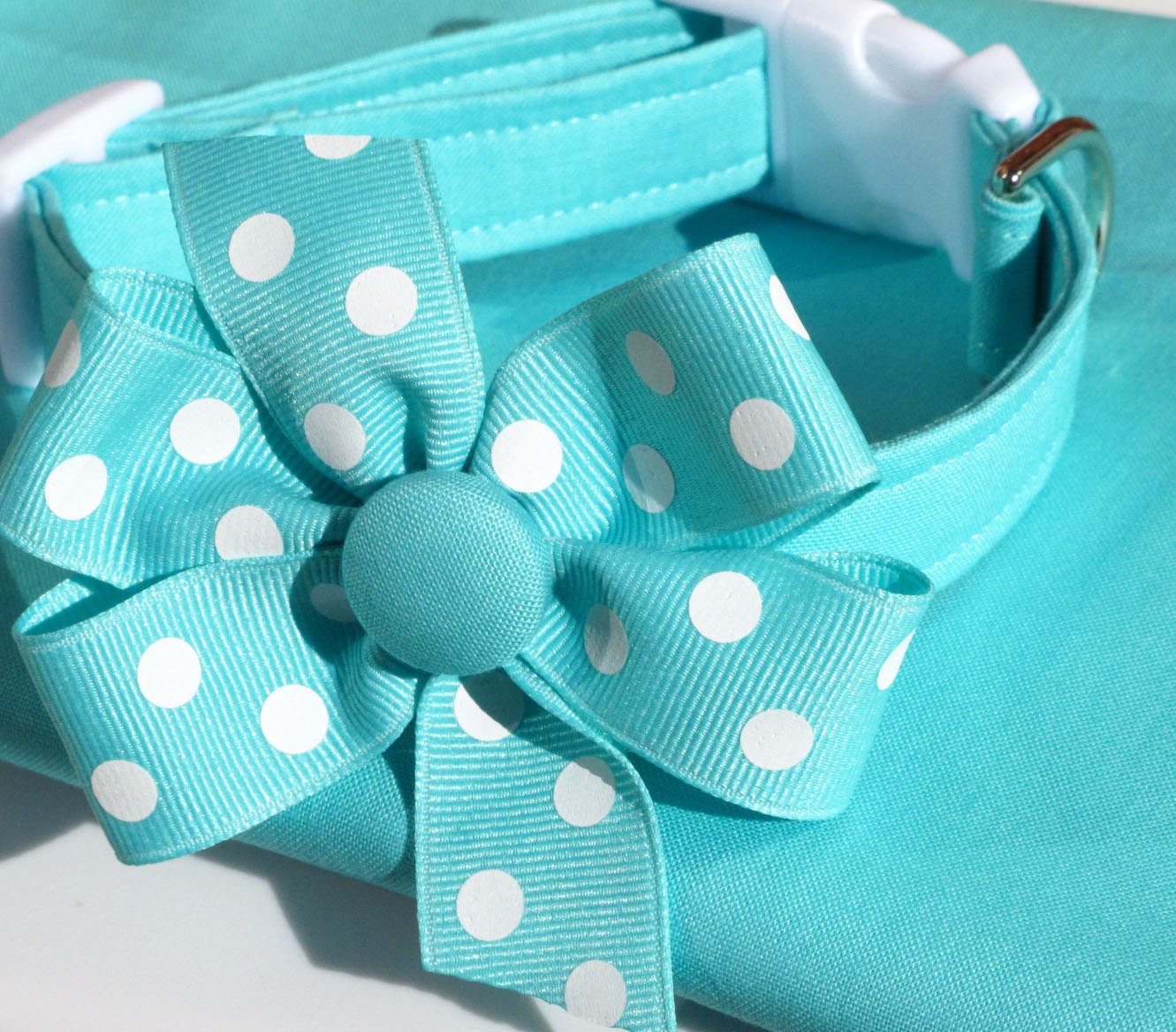 Absolutely Aqua Dog Collar with Polka Dot Bow, Choose Your Size