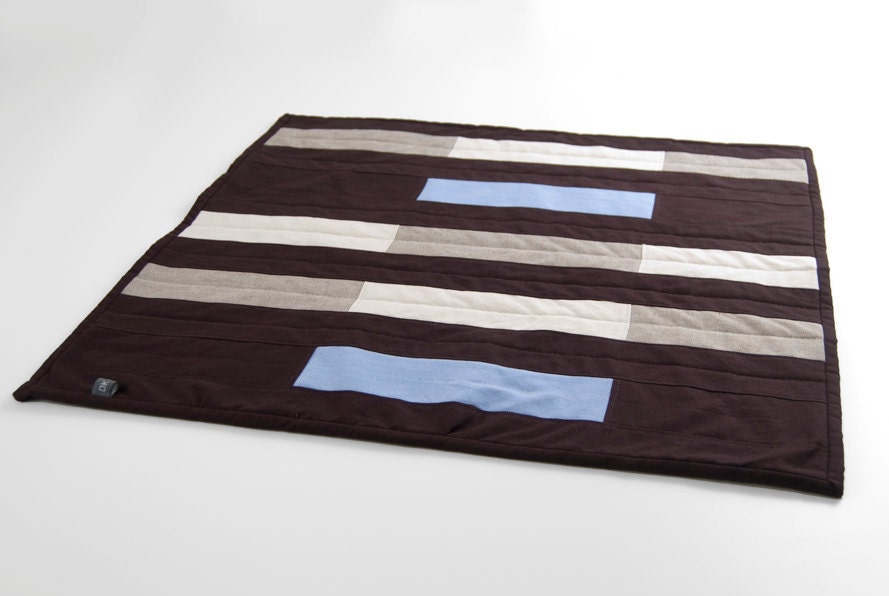 Modern Cat Mat: mini quilt with tonal brown and blue bands, men's shirt fabrics