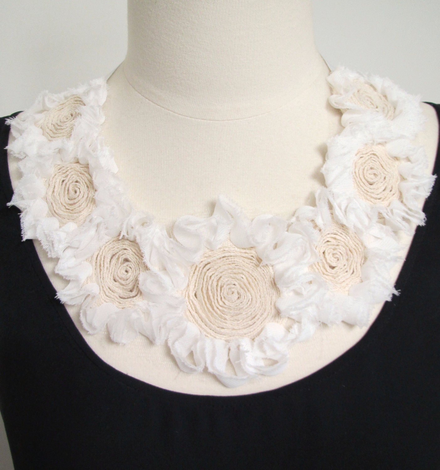 Statement necklace bib necklace applique flower necklace spring necklace ribbon bow necklace white and cream flowers-Spring Blooms Necklace