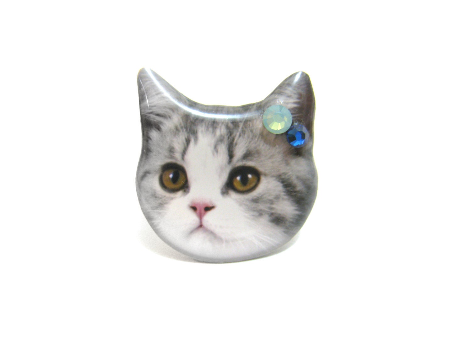 Grey and white Shorthair cat head ring - A0010-R C3