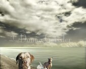 Summer Vacation Art Print 8x8 - Fun dog art labrador retriever art perfect for any pet lover.  Silly dogs running in the sun and sand.