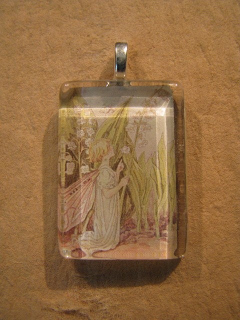 Lily of the Valley Flower Fairy Cicely Mary Barker Small Flat Rectangle Glass Pendant with 24" Ball Chain Necklace