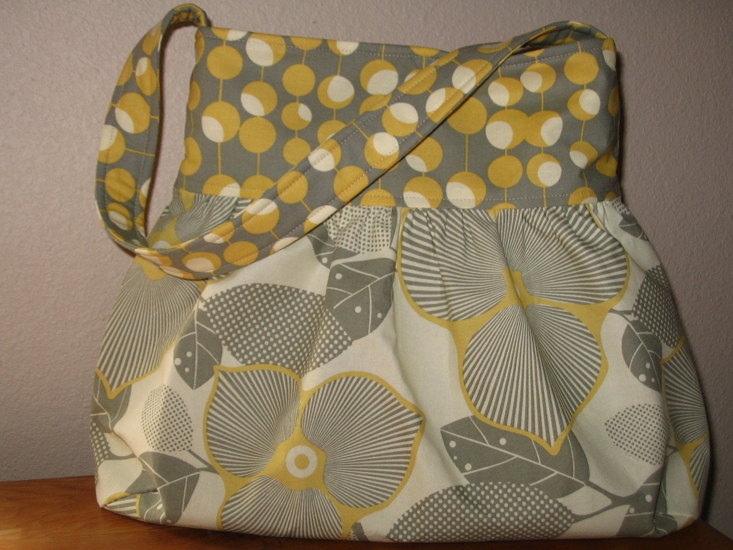Gathered Shoulder Hobo Bag in Amy Butler's Optic Blossom and Martini Dots in Mustard