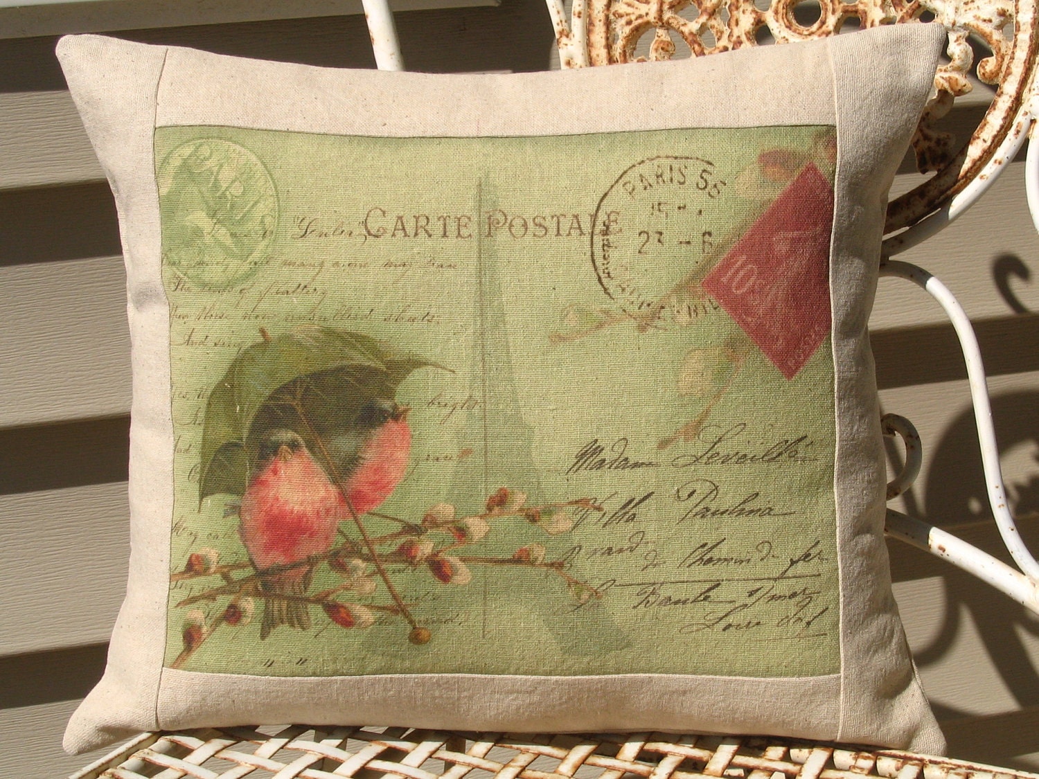 French Carte Postale Bird Pillow Decorative Throw Pillow Cover, Shabby Chic