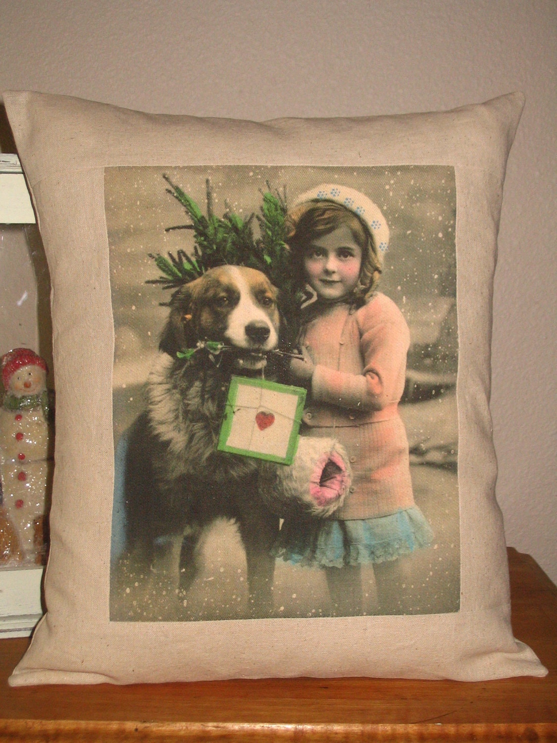 Christmas Pillow French Girl and St. Bernard French Christmas Postcard Pillow