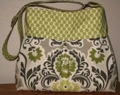 Hobo Messenger Pleated Bag Diaper Bag in Sandi Henderson's Secret Garden and Amy Butler's Full Moon Dot- Larger Size -