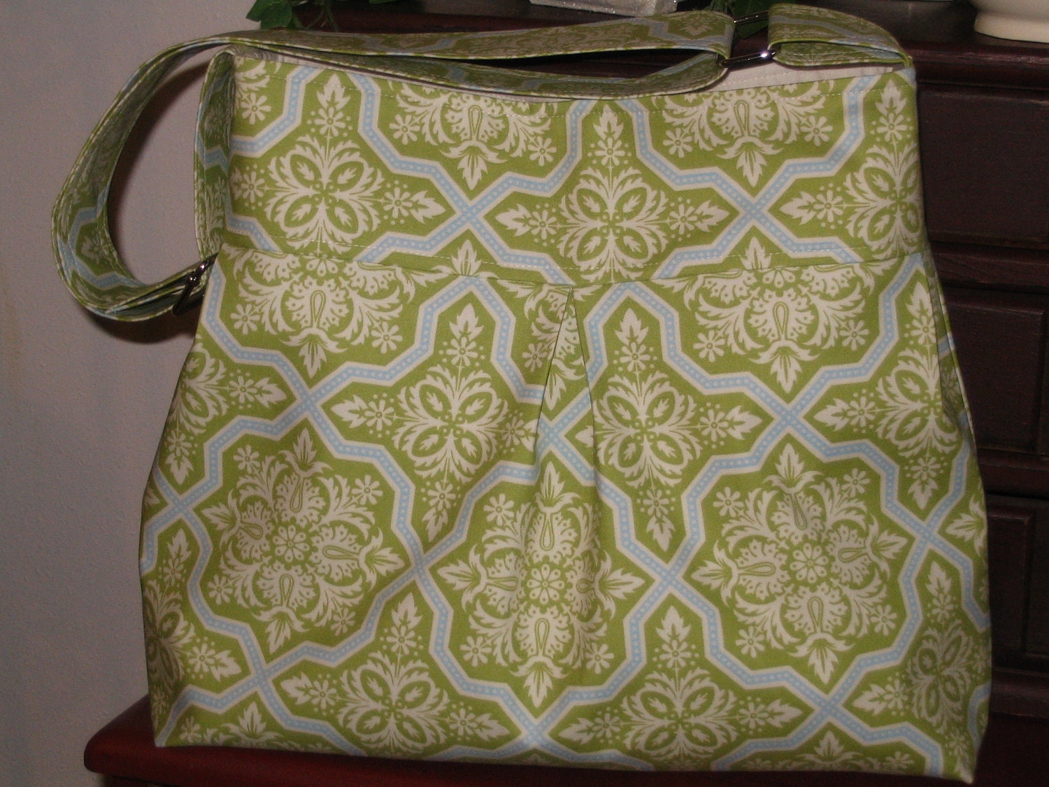 Pleated Hobo Messenger Diaper Bag in Joel Dewberry's Heirloom Tile Flourish in Green- Larger Size