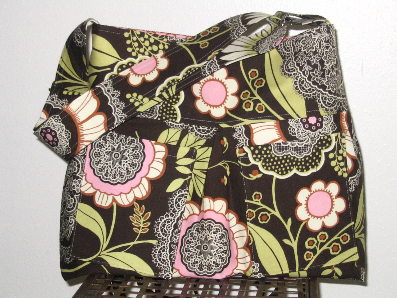 Pleated Hobo Messenger  Diaper Bag in Amy Butler's Lacework in Olive and Full Moon Dots in Camel - 7 Pockets- Larger Size -Ready to Ship