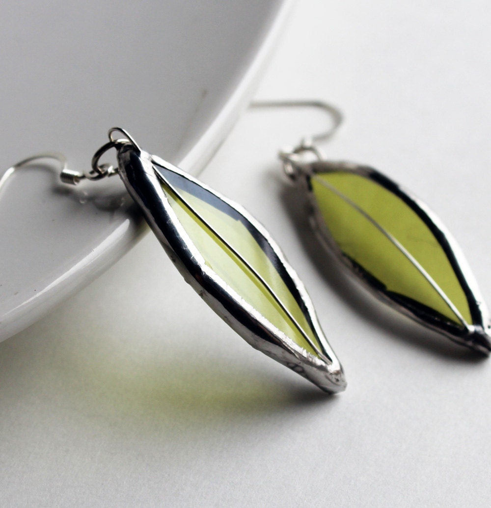 Stained Glass Jewelry Earrings - Re Purposed Wine Bottle - Light Green