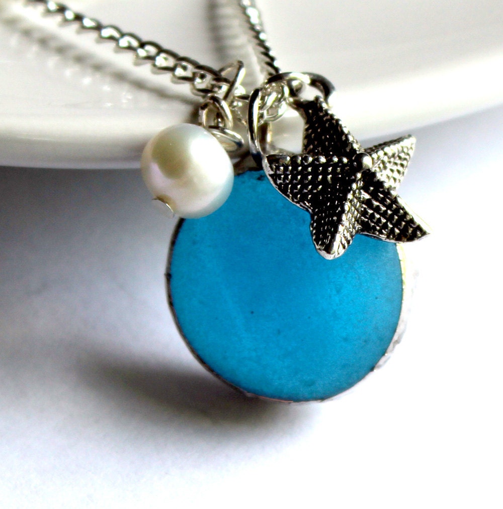 Stained Glass Jewelry Necklace - Aqua Gem - Freshwater Pearl - Starfish Charm