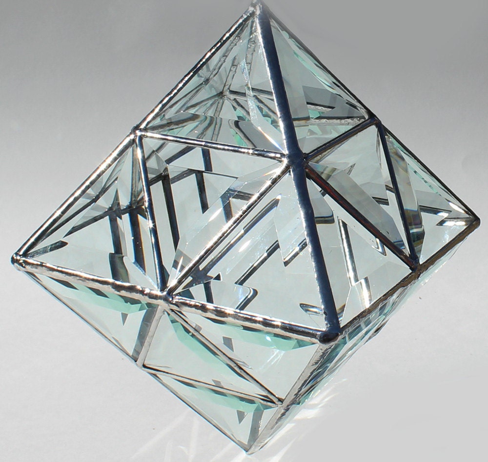 3D Contemporary Beveled Stained Glass Sculpture - Octahedron - Large Hanging Sun Catcher