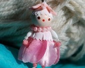 bead doll charm pendant ornament - vintage beads - wire wrapped - pink - hand painted face - lucite - handmade - retro style - shabby chic