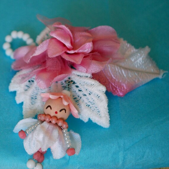 handmade spring pin brooch corsage - vintage beads lace - wire wrapped - little doll charm - pink white - hand painted face - lucite glass wood ribbon - retro style - shabby chic