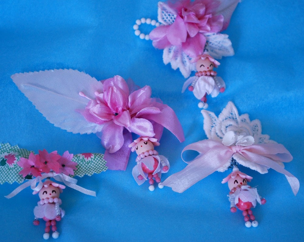 handmade spring pin brooch corsage - vintage beads lace - wire wrapped - little doll charm - pink white - hand painted face - lucite glass wood ribbon - retro style - shabby chic