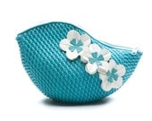 Vintage Style Cosmetic Bag out of Bathing Cap  - Teal - Three Flowers