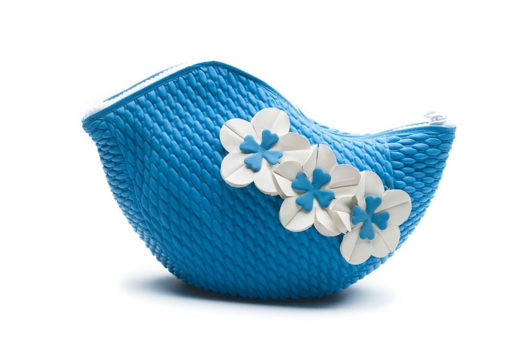 Vintage Style Cosmetic Bag out of Bathing Cap  - Blue - Three Flowers