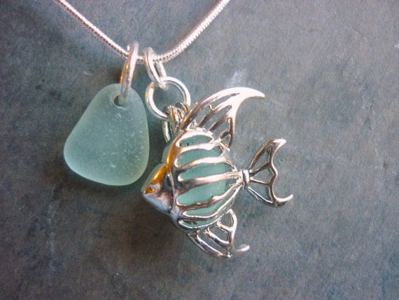Sea Glass Necklace Locket Filigree Fish Sea Foam Beach Glass - Special Order