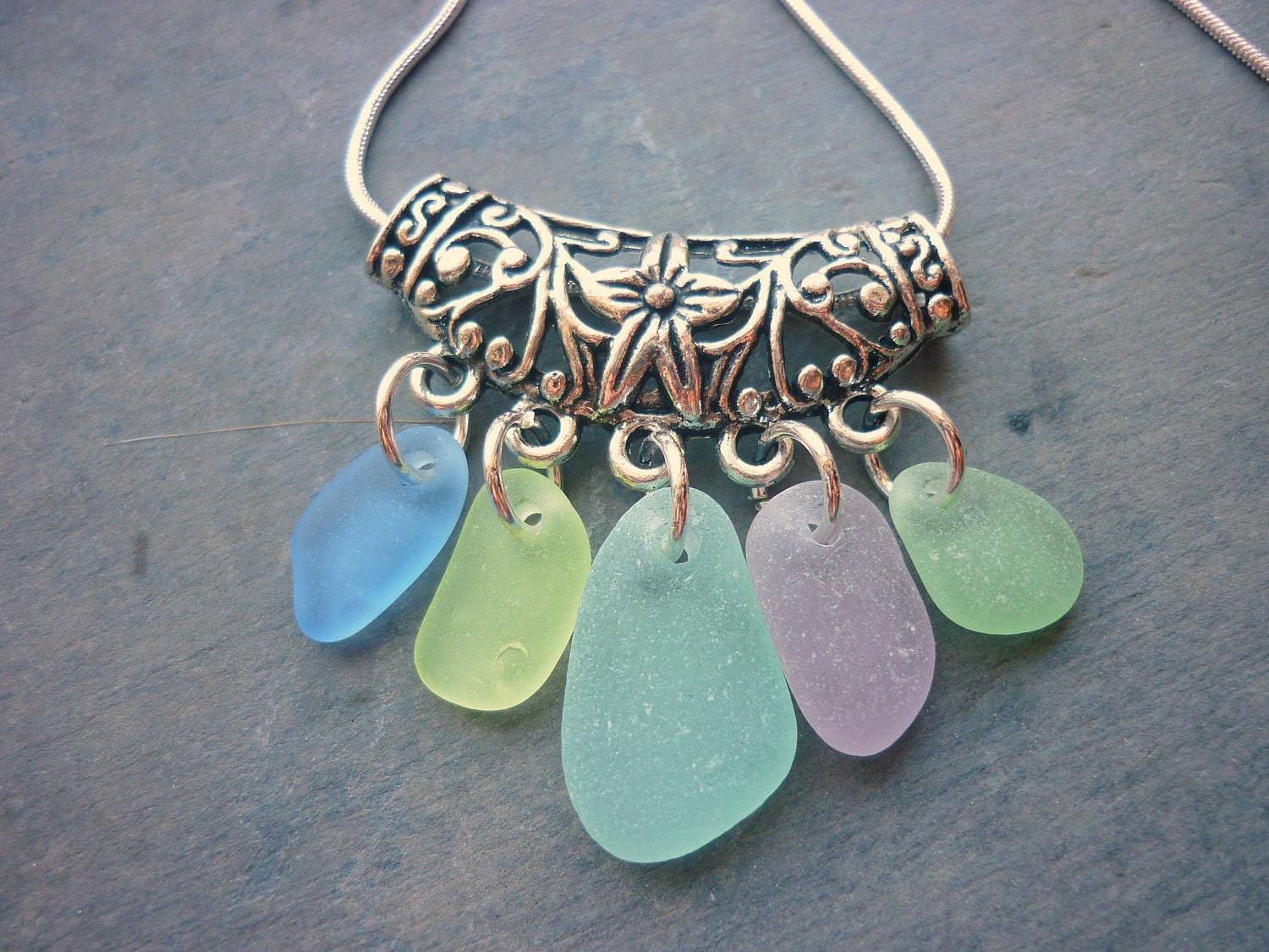 Sea Glass Necklace Aqua - Floral Filigree Seaglass Setting