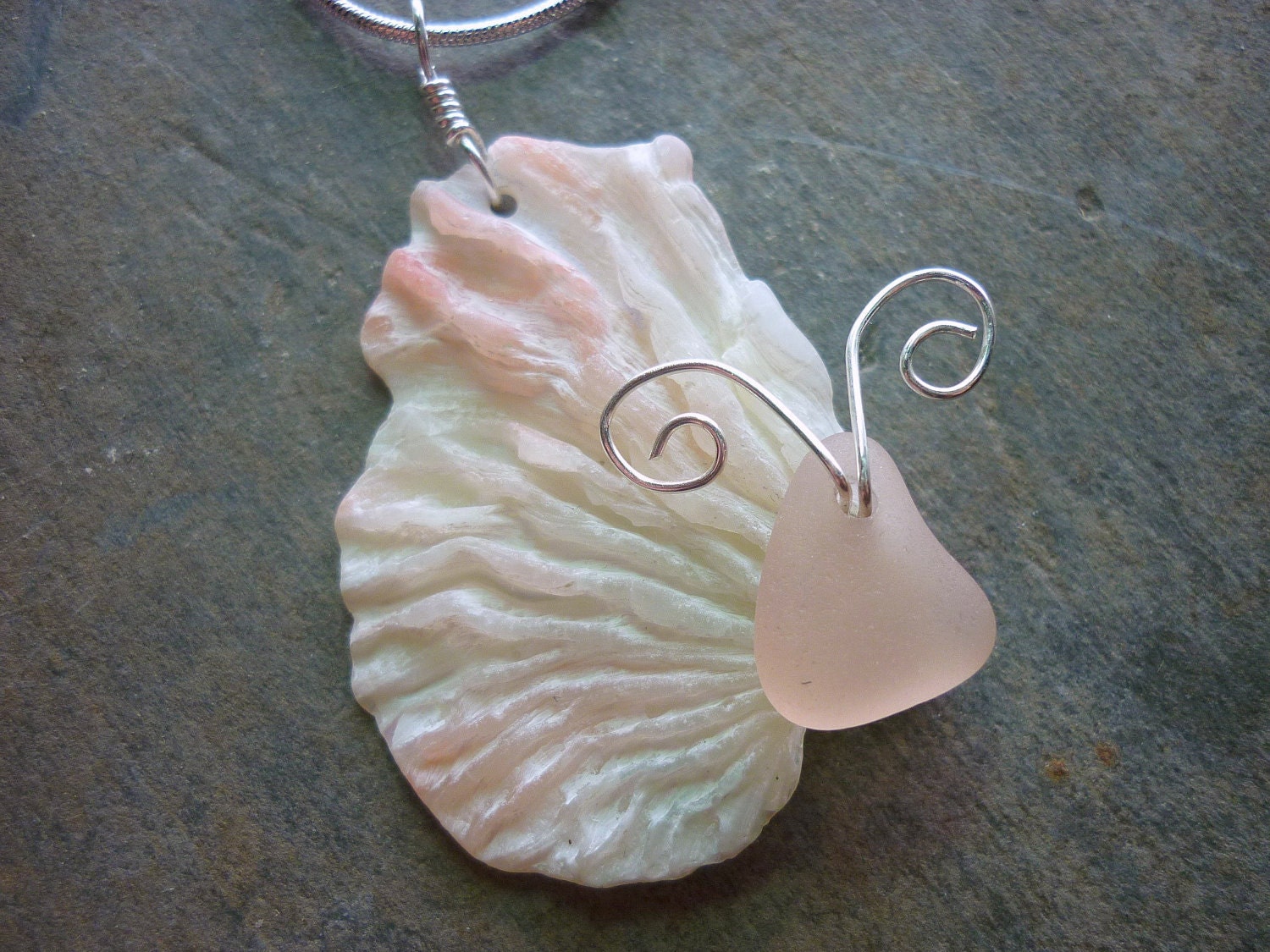 Pink Sea Glass Necklace - Seashell Butterfly Wings Beach Seaglass