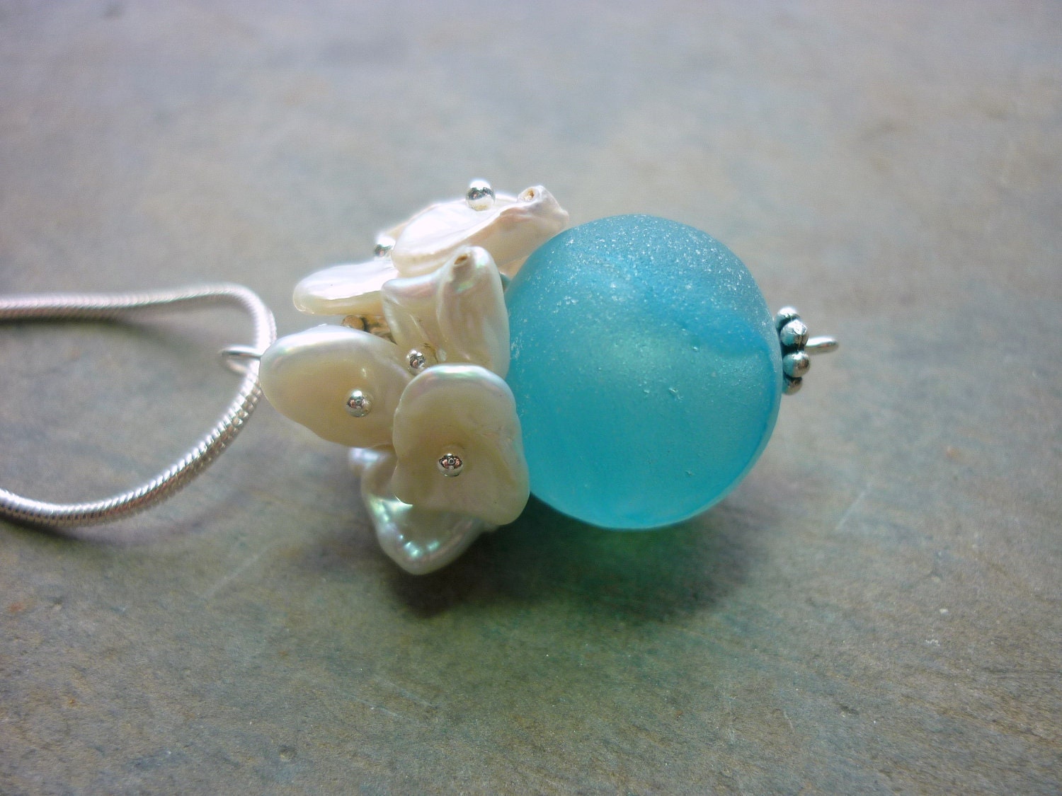 Sea Glass Necklace : Aqua Blue Seaglass Marble Beach Glass Pendant