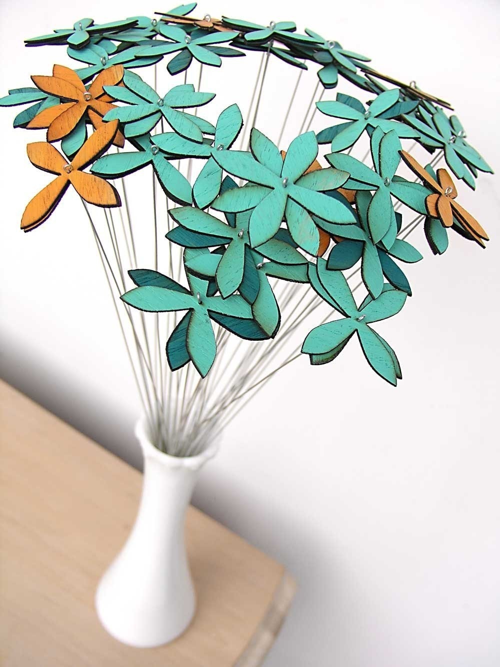 wood flowers - set of SIX - choose from aqua chartreuse red tangerine