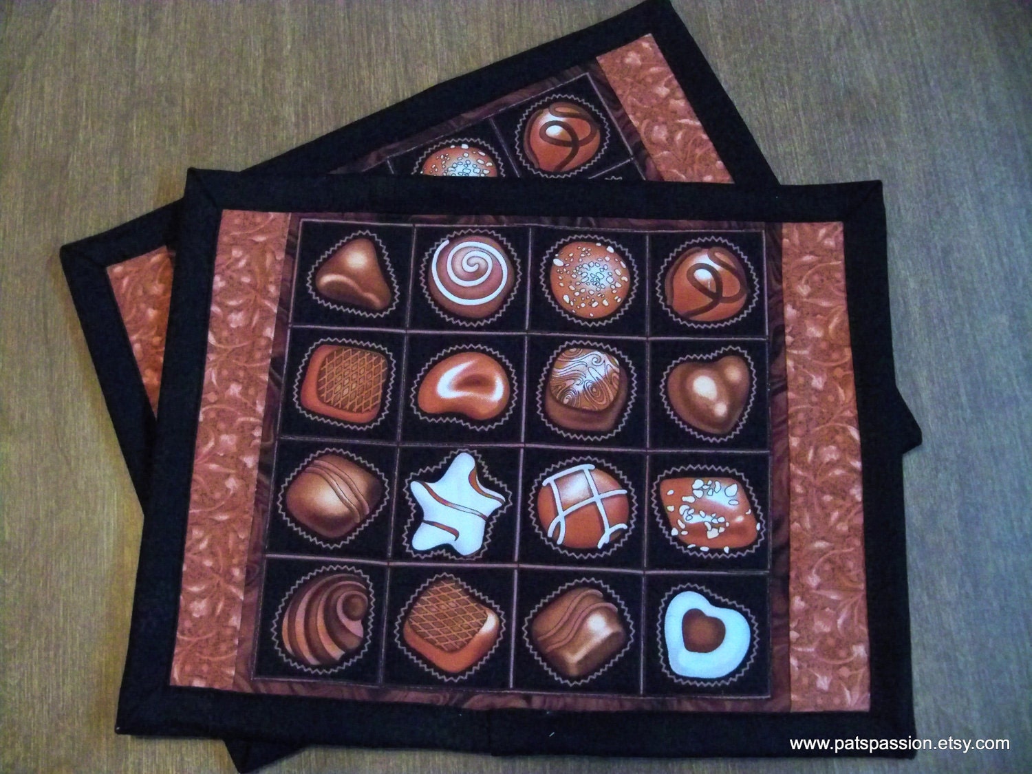 Mug Rugs or Mini Table Mats Quilted Box of Chocolates Set of 2