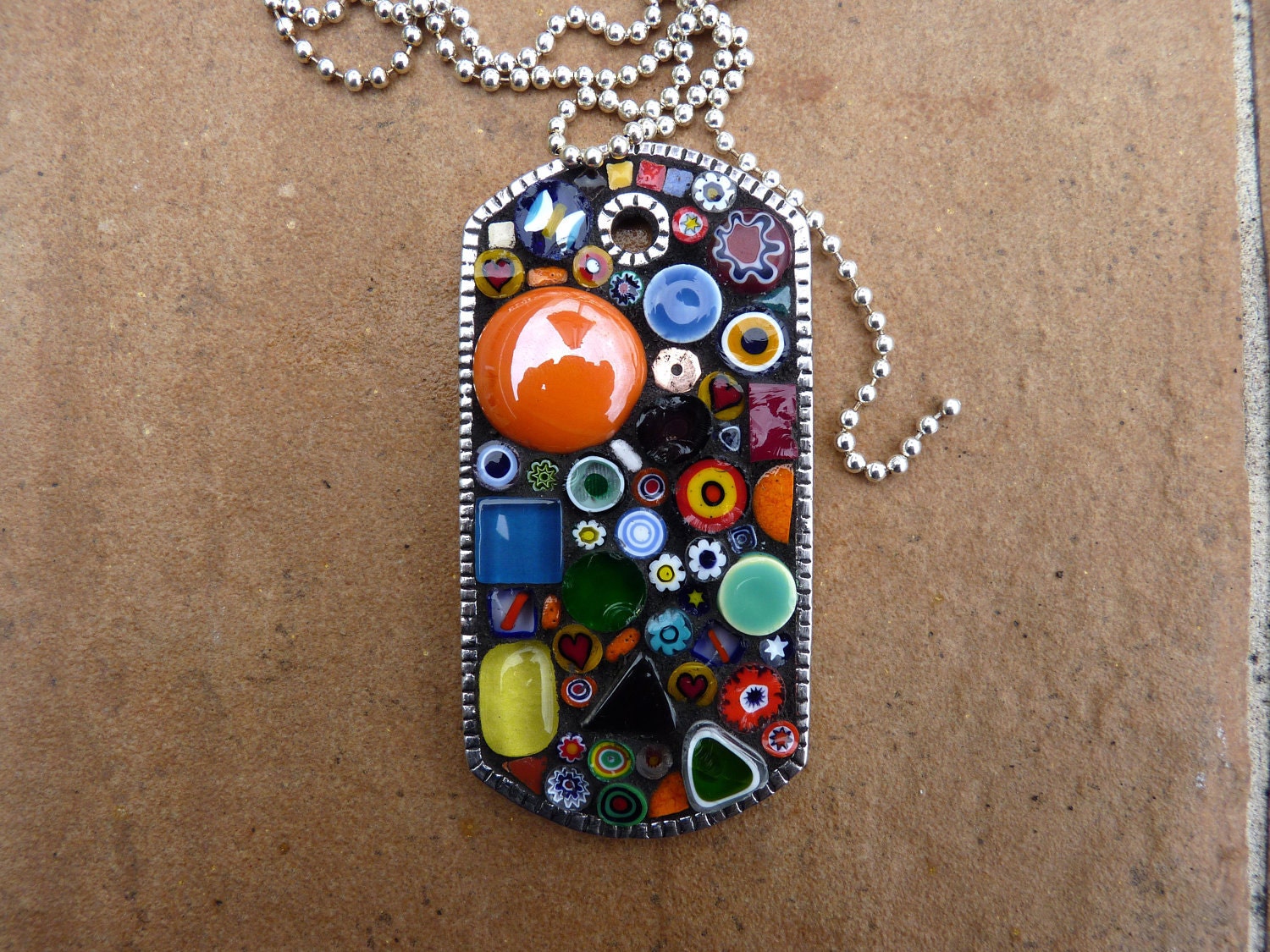 Artisan Mosaic Dog Tag Pendant with Italian Lampwork Millefiori