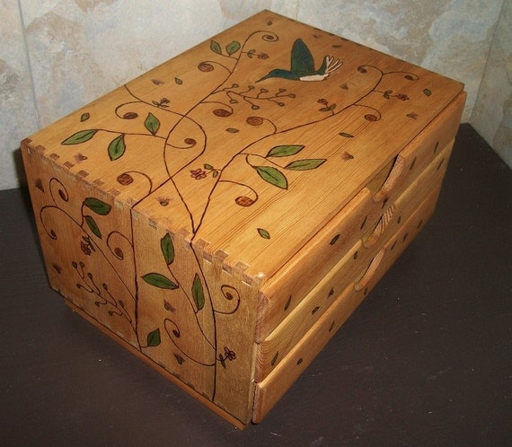 Wood Hummingbird  Organizer with 3 Drawers