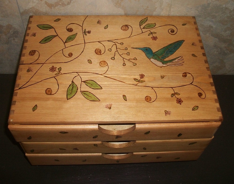 Wood Hummingbird  Organizer with 3 Drawers