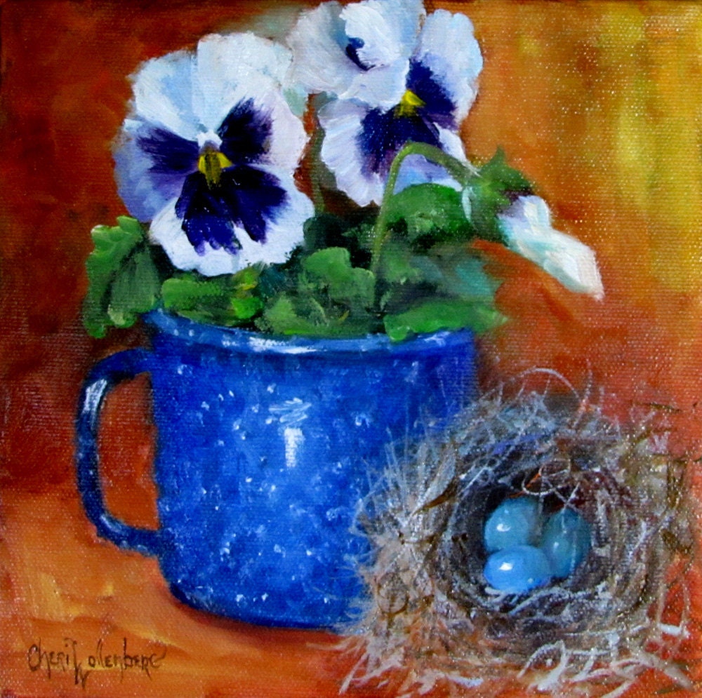 White Pansies in Blue Enamelware Cup and Birds Nest Painting 8x8 Original Painting by Cheri Wollenberg