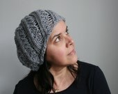 Hand Knit Beret in Swirl Pattern. Soft Merino Wool, in Steel.