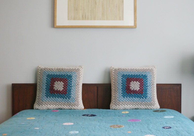 Hand Crocheted Granny Square Cushion Cover. Wool, in Peacock.